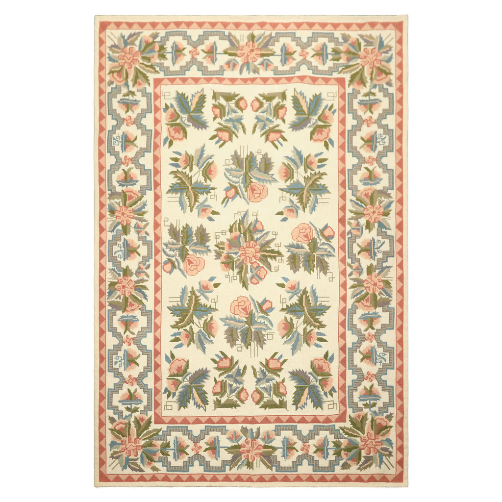 6x9 Ivory, Blush, Rose Color Hand Woven Portugese Needlepoint Wool Transitional Oriental Rug