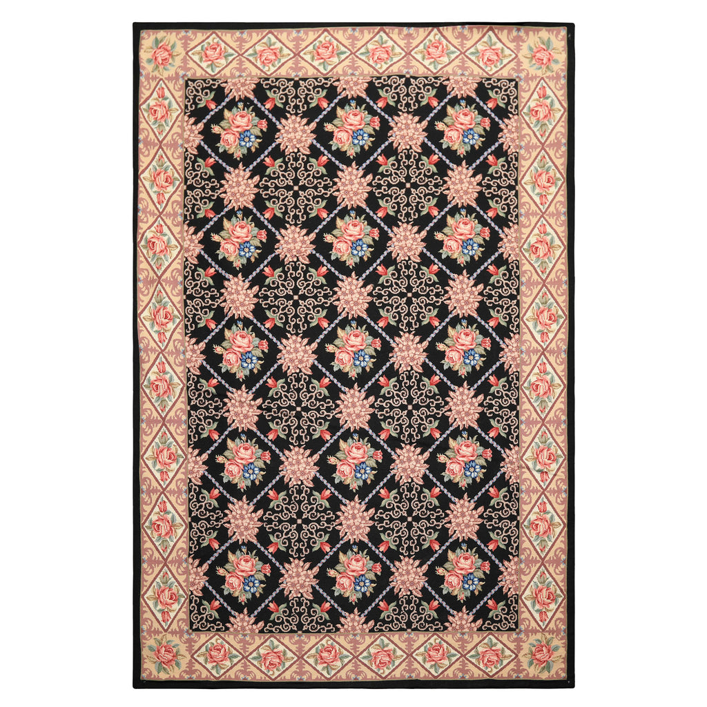 6x9 Black, Ivory, Green Color Hand Woven French Aubusson Needlepoint Wool Traditional Oriental Rug