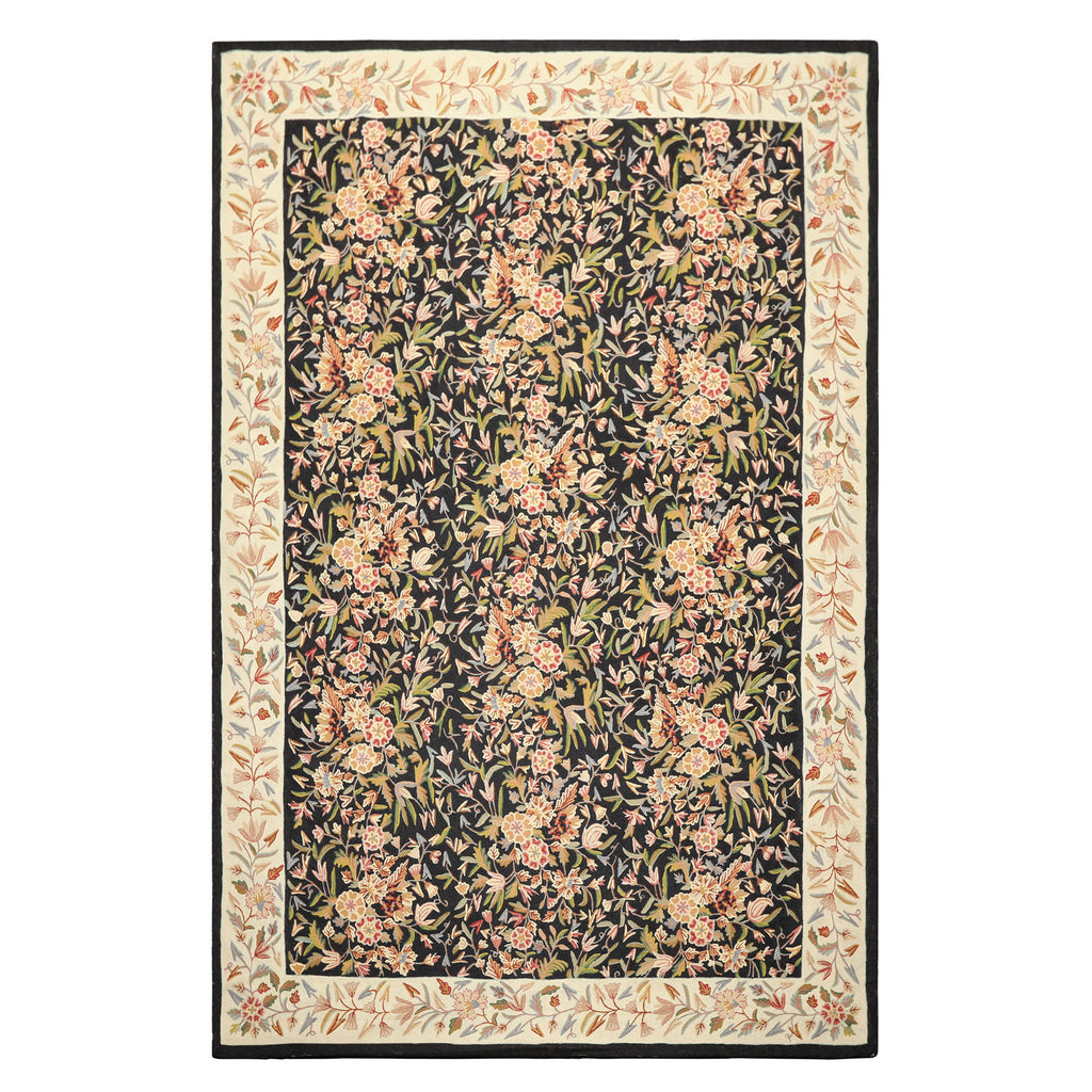 6x9 Black, Ivory, Tan Color Hand Woven Chainstitch Wool Transitional Oriental Rug