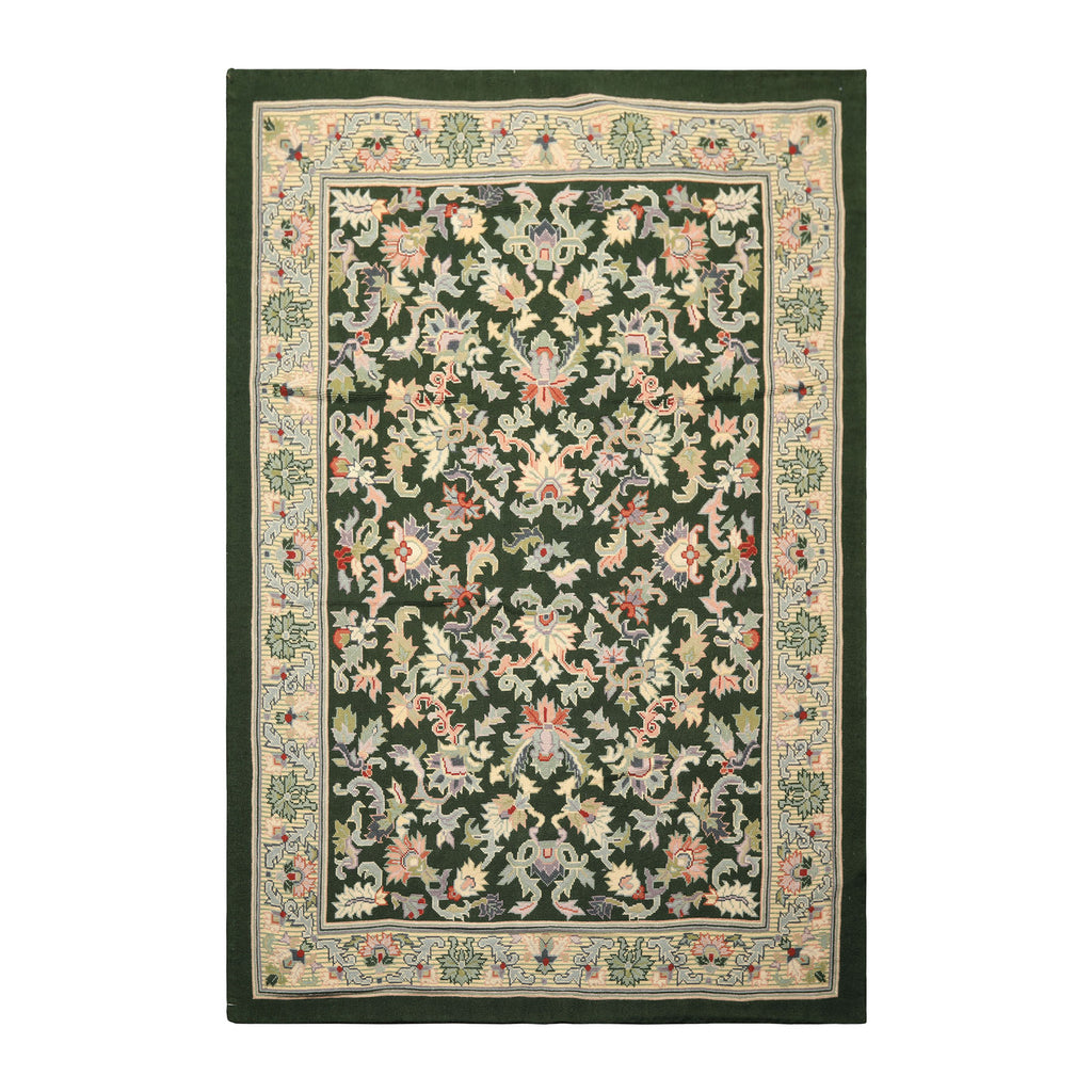6x9 Green, Ivory, Blush Color Hand Woven Portugese Needlepoint Wool Transitional Oriental Rug