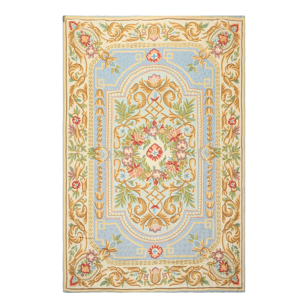 6x9 Aqua, Blue, Ivory Color Hand Woven Chainstitch Wool Traditional Oriental Rug