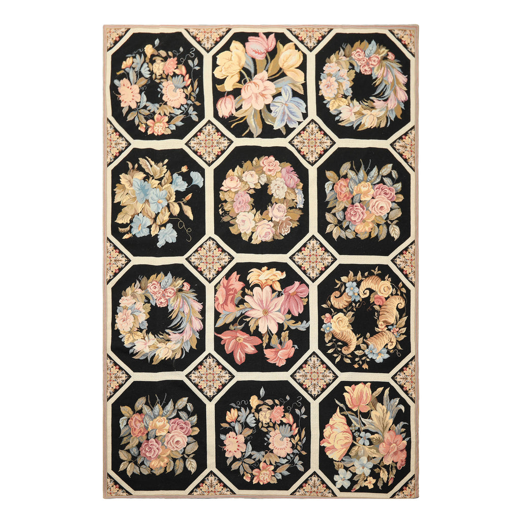 6x9 Black, Ivory, Rose Color Hand Woven French Aubusson Needlepoint Wool Traditional Oriental Rug