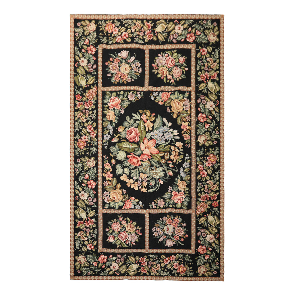Runner Black, Tan, Green Color Hand Woven French Aubusson Needlepoint Wool Traditional Oriental Rug