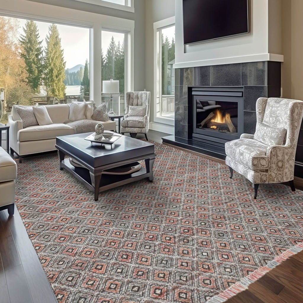 Multi Size Black Coral Ivory Color Hand Woven  Wool Modern & Contemporary Oriental Rug
