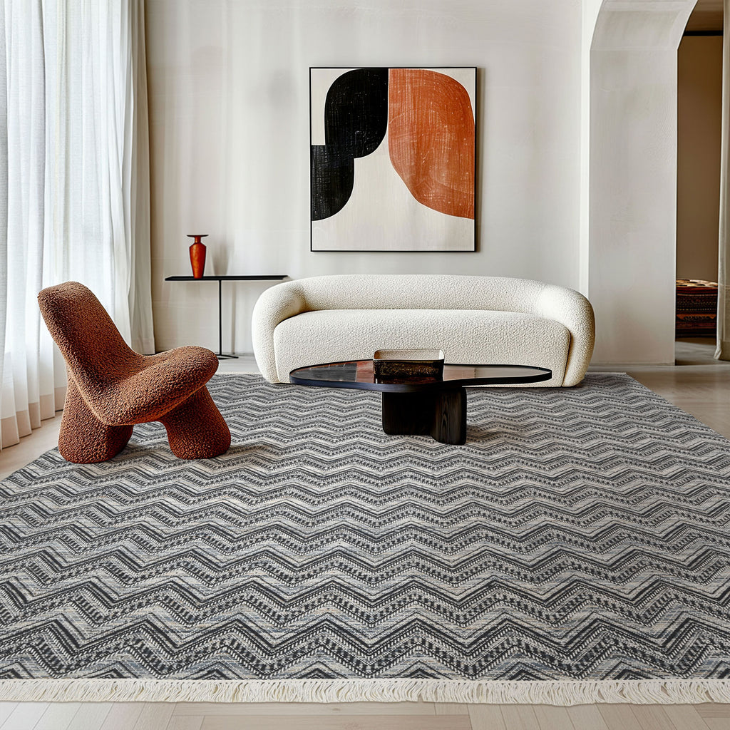 Multi Size Black Slate Gray Ivory Color Hand Woven  Wool Modern & Contemporary Oriental Rug