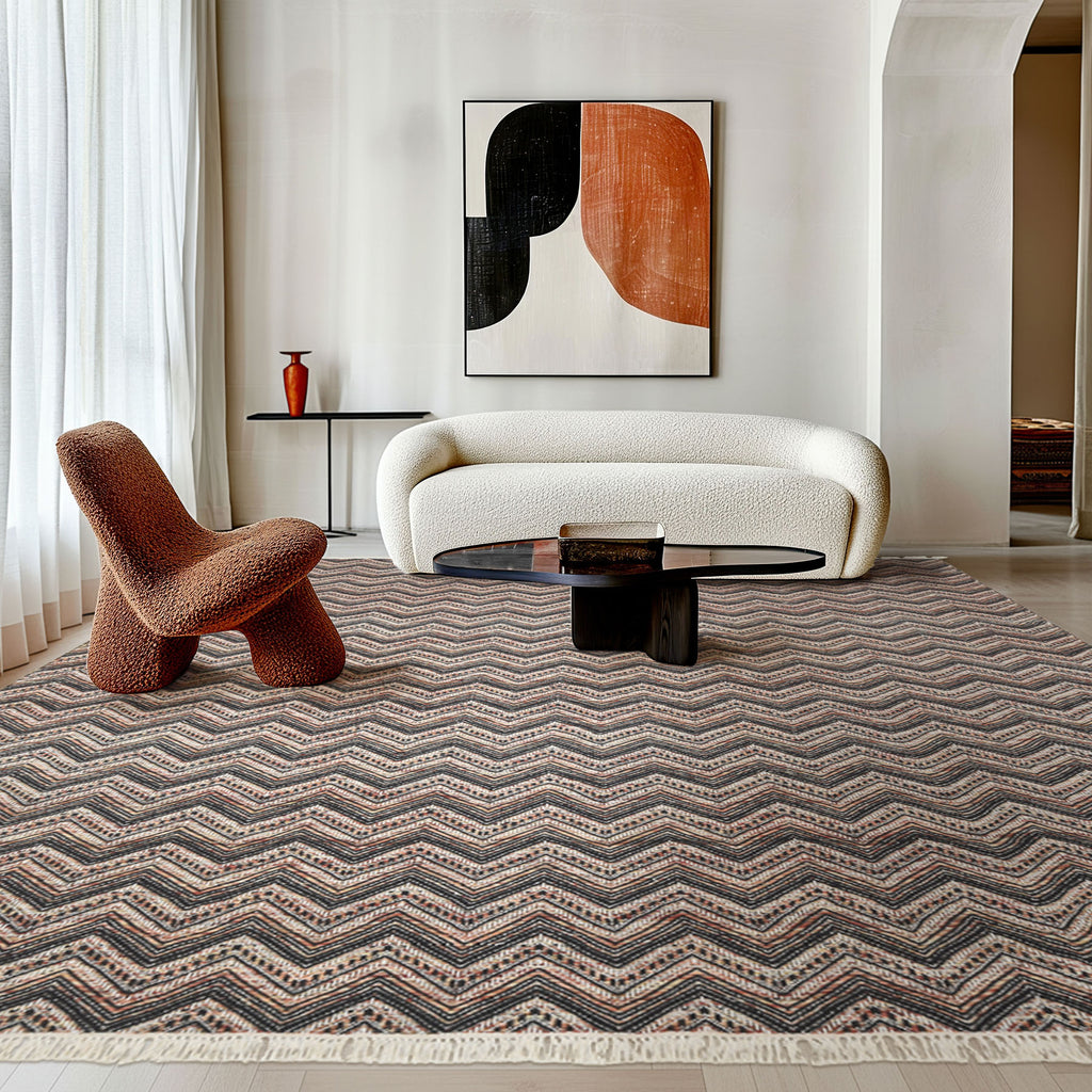 Multi Size Black Ivory Rust Color Hand Woven  Wool Modern & Contemporary Oriental Rug
