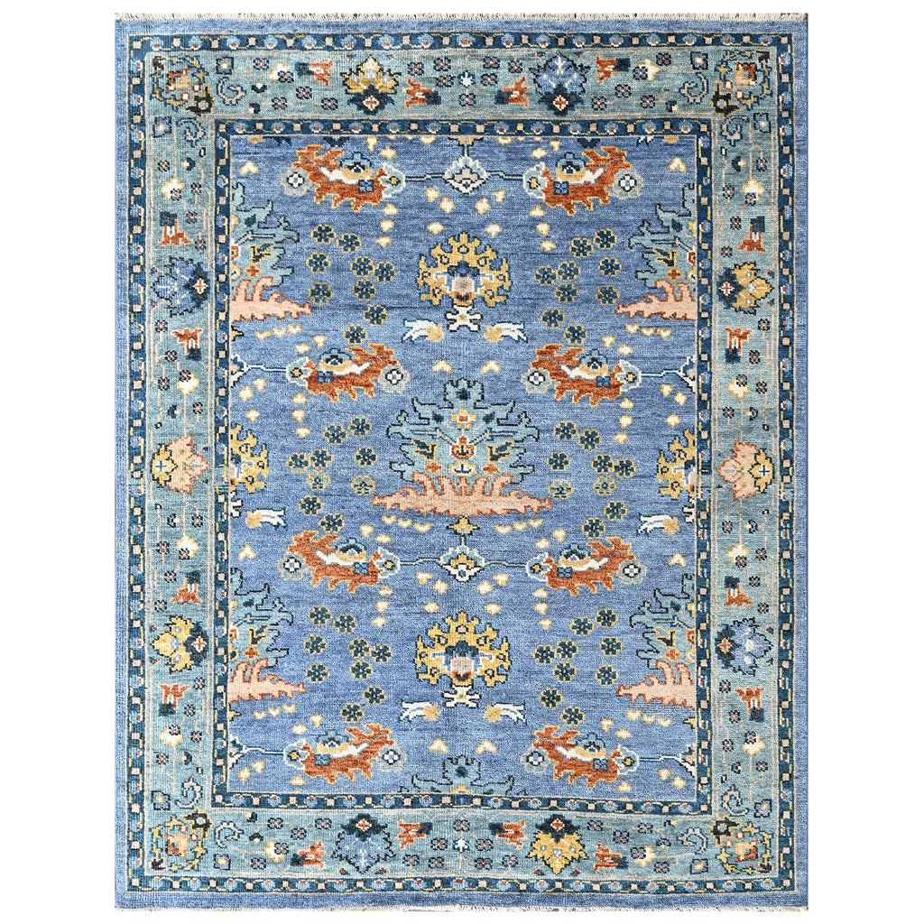 8x10 Blue, Aqua, Burnt Orange Color Hand Knotted Oushak Wool Arts and Crafts Oriental Rug