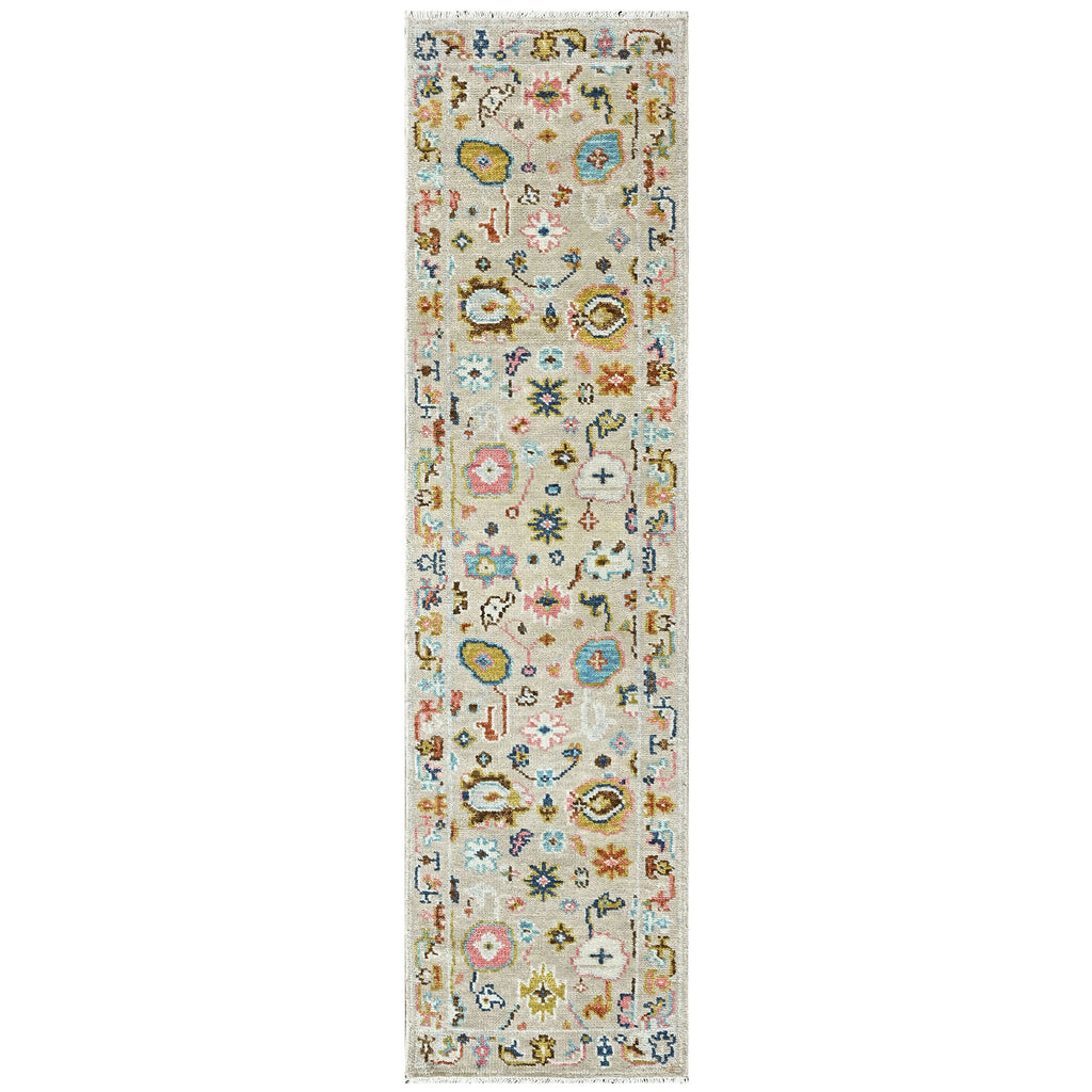2'6x9 Beige, Gold, Blush Color Hand Knotted Oushak Wool Transitional Oriental Rug