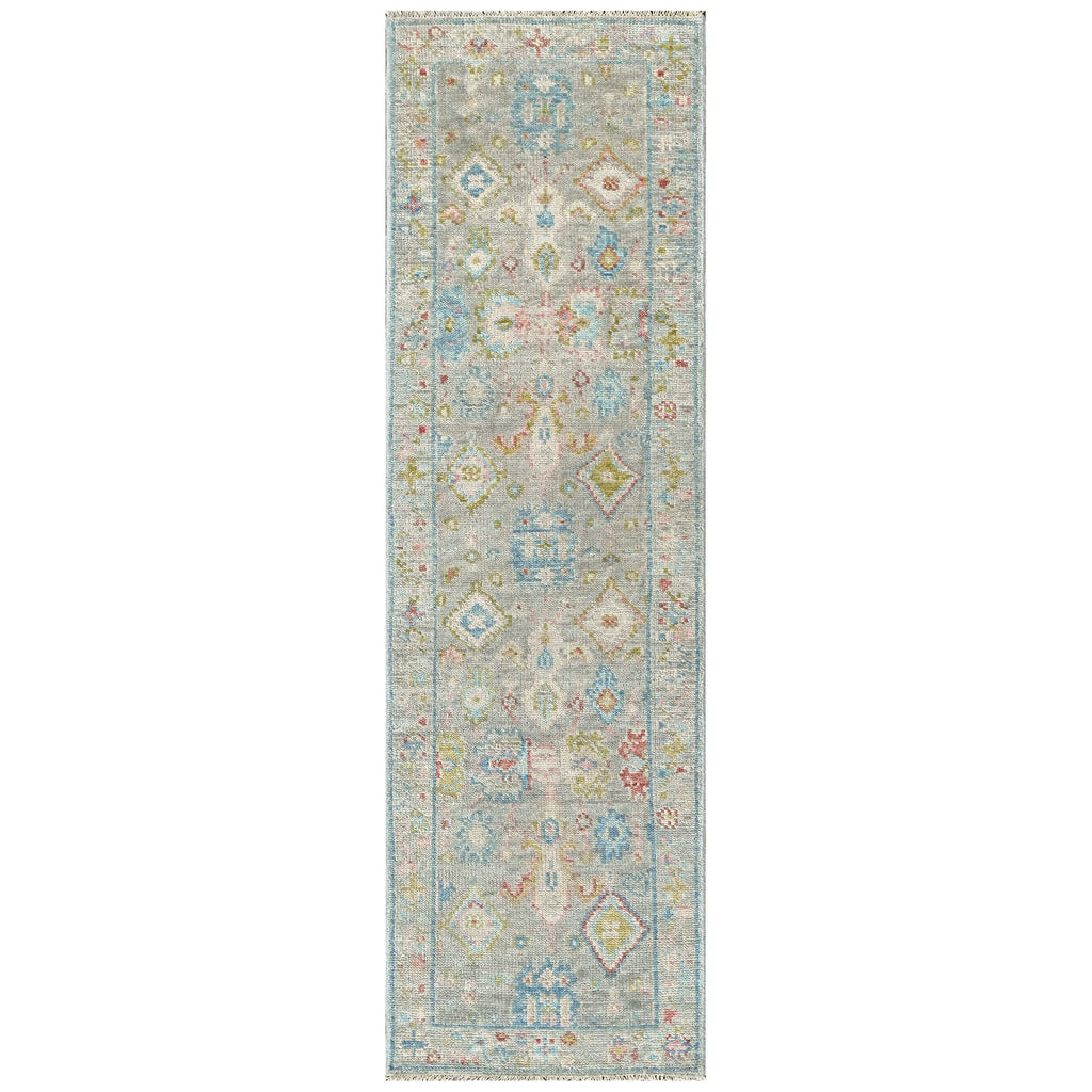 2'6x9 Slate, Gray, Lime Color Hand Knotted Oushak Wool Arts and Crafts Oriental Rug