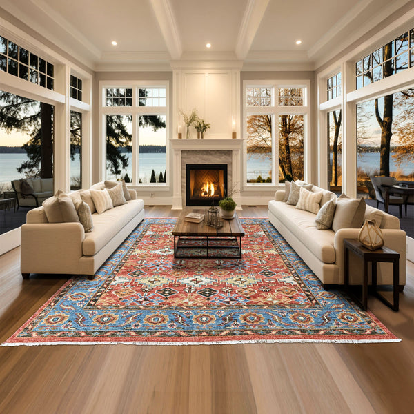 Multi Size Rust Blue Aqua Color Hand Knotted Oushak Wool Transitional Oriental Rug