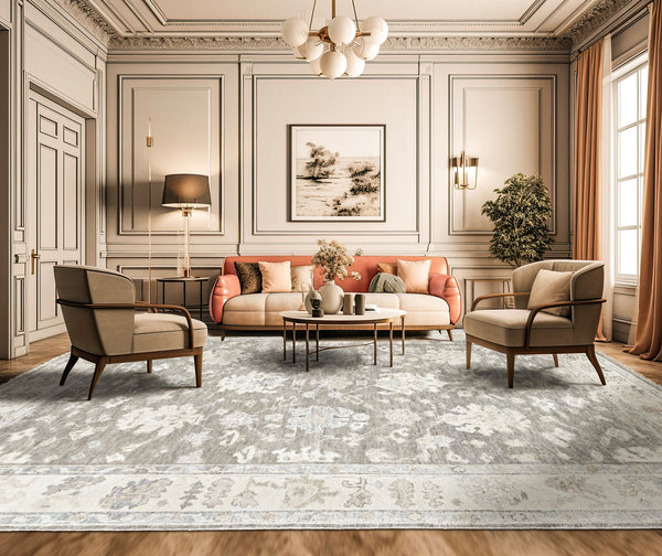 Multi Size Gray Slate Ivory Color Hand Knotted Oushak Wool Transitional Oriental Rug