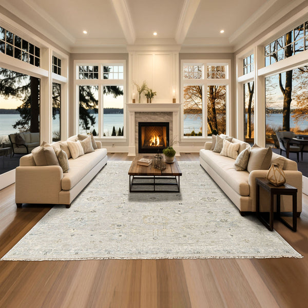 Multi Size Gray Ivory Multi Color Hand Knotted Oushak Wool Transitional Oriental Rug