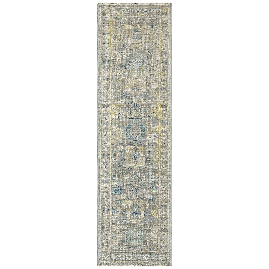 2'6x9 Slate, Ivory, Blue Color Hand Knotted Oushak Wool Transitional Oriental Rug