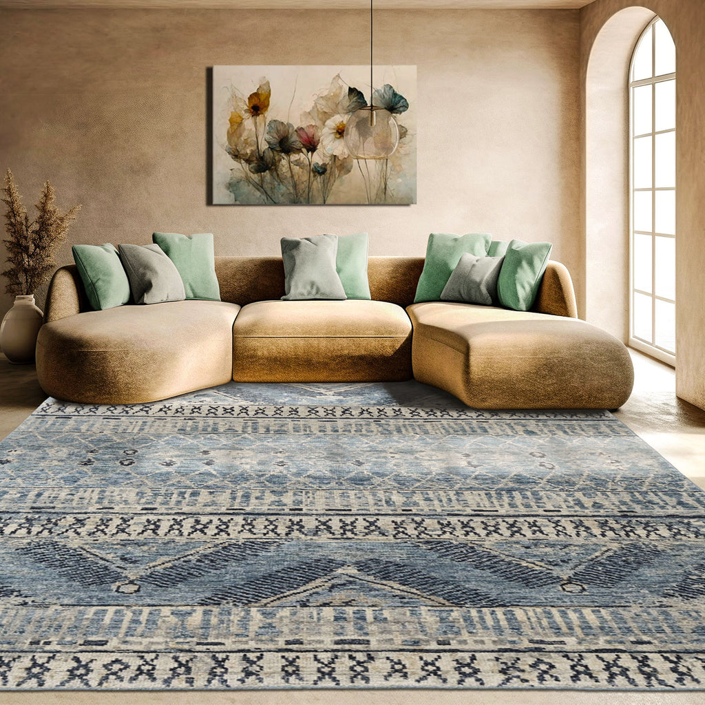 Multi Size Blue Gray Navy Color Hand Knotted Oushak Wool  Oriental Rug