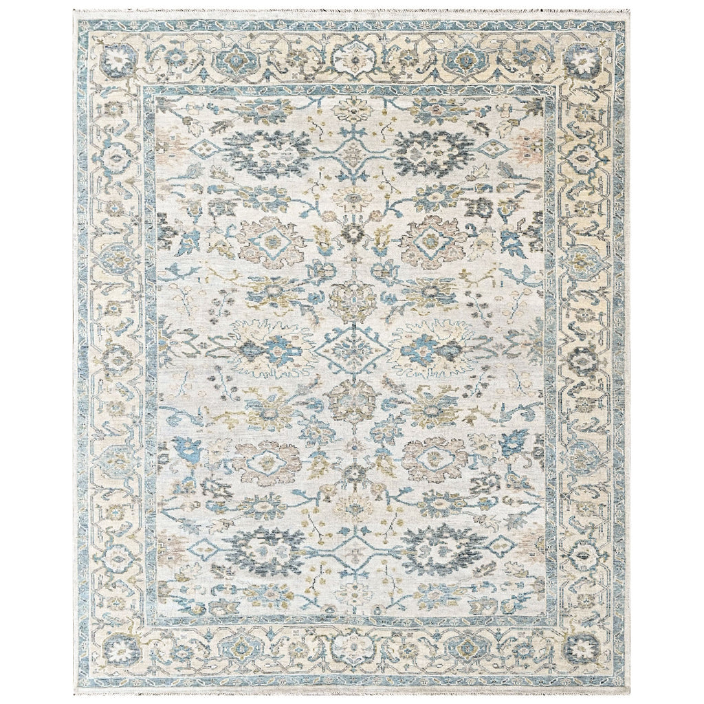 9x12 Beige, Slate, Aqua Color Hand Knotted Oushak Wool Transitional Oriental Rug