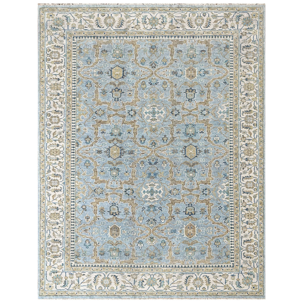 9x12 Blue, Ivory, Moss Color Hand Knotted Oushak Wool Transitional Oriental Rug