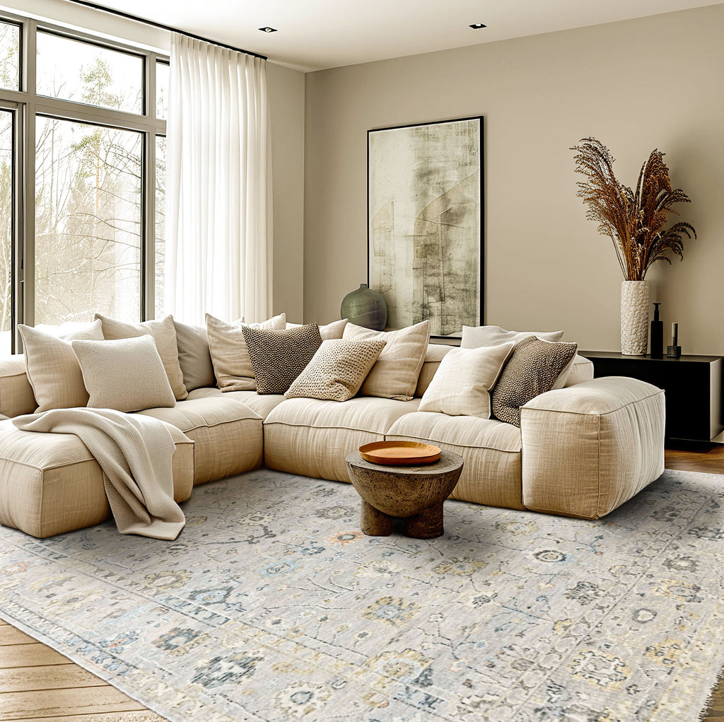 Multi Size Gray Slate Beige Color Hand Knotted Oushak Wool Transitional Oriental Rug
