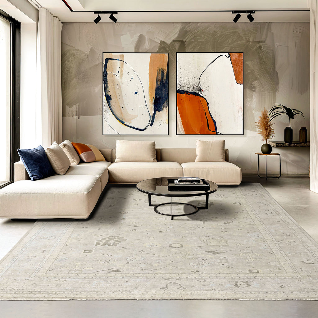 Multi Size Beige Gray Muted Earth Tones Color Hand Knotted Oushak Wool Transitional Oriental Rug