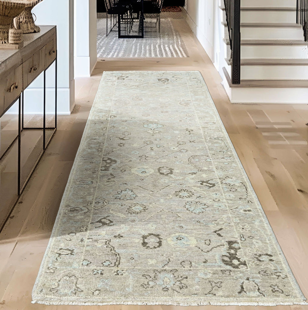 Multi Size Gray Aqua Multi Color Hand Knotted Oushak Wool Transitional Oriental Rug