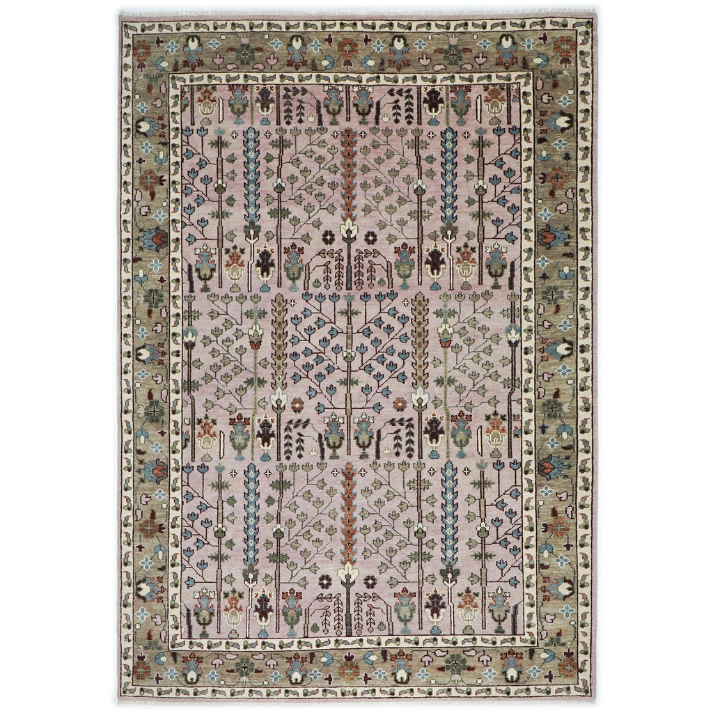 10x14 Rose, Moss, Blue Color Hand Knotted Oushak Wool Transitional Oriental Rug