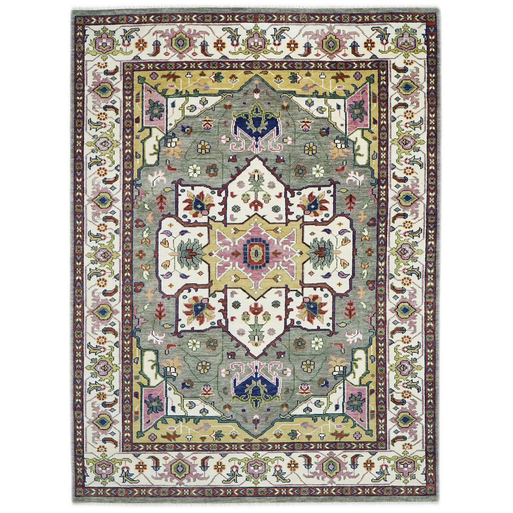 10x14 Ivory, Gray, Rust Color Hand Knotted Oushak Wool  Oriental Rug