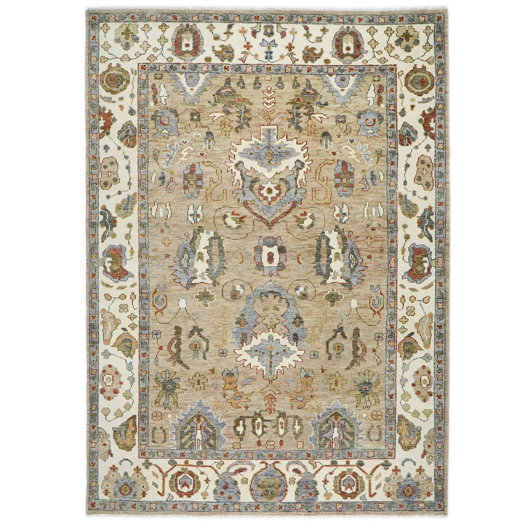 10x14 Tan, Ivory, Slate Color Hand Knotted Oushak Wool Arts and Crafts Oriental Rug