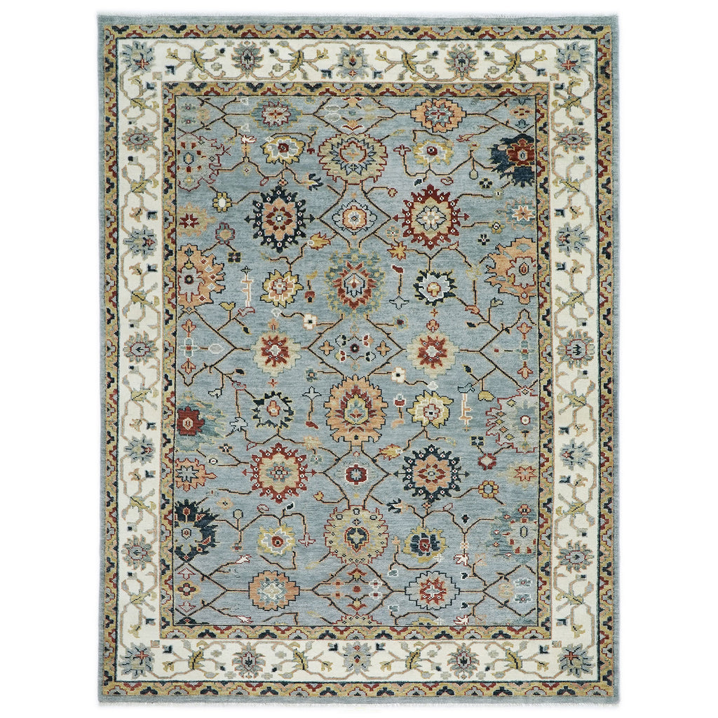 10x14 Blue, Ivory, Gold Color Hand Knotted Oushak Wool Arts and Crafts Oriental Rug