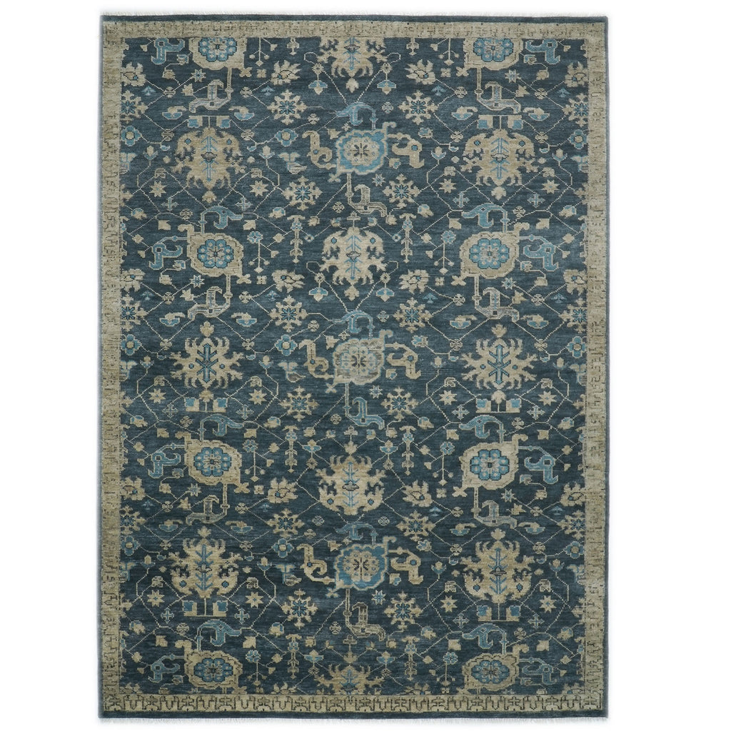 10x14 Blue, Beige, Ivory Color Hand Knotted Oushak Wool Transitional Oriental Rug