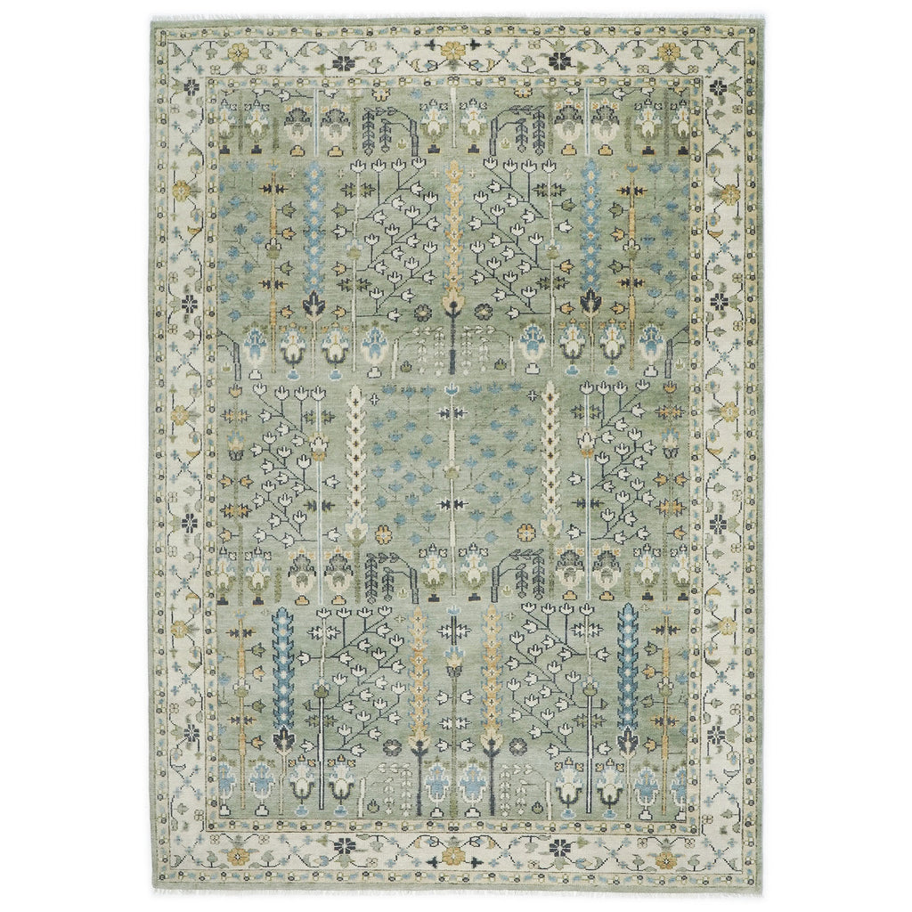 10x14 Mint, Ivory, Blue Color Hand Knotted Oushak Wool Transitional Oriental Rug