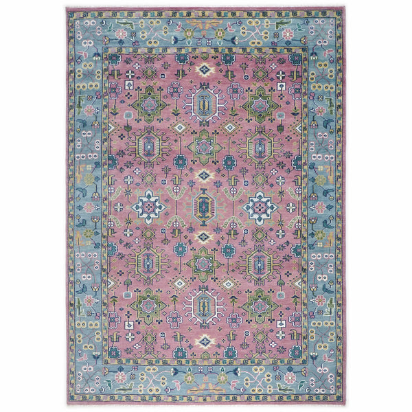 10x14 Pink, Blue, Lime Color Hand Knotted Oushak Wool Transitional Oriental Rug