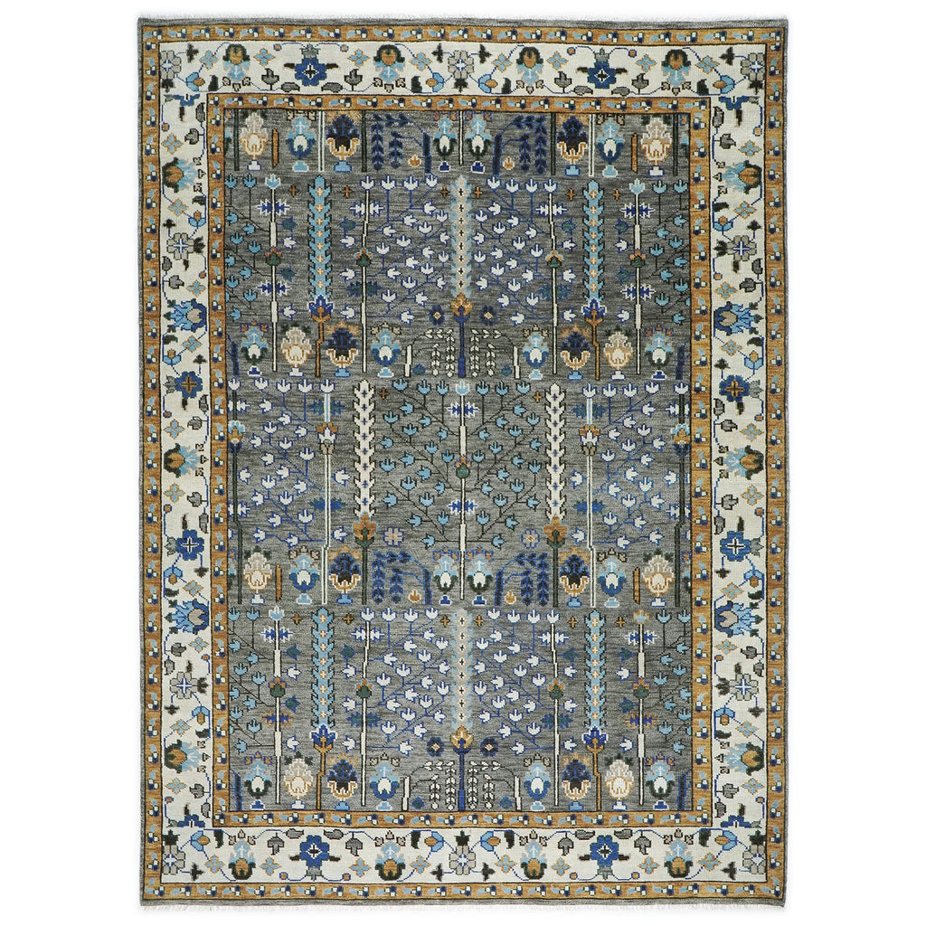 10x14 Gray, Ivory, Gold Color Hand Knotted Oushak Wool Transitional Oriental Rug