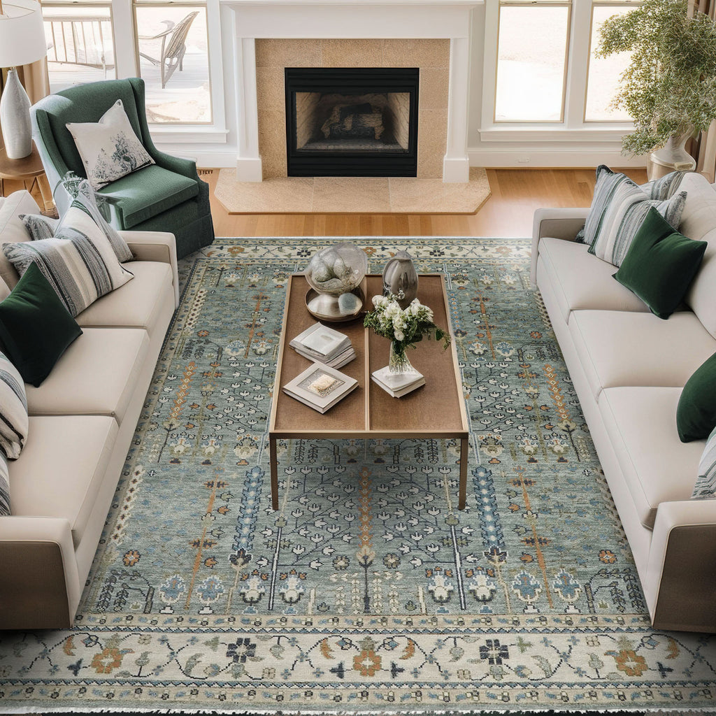 12x15 Celadon, Beige, Green Color Hand Knotted Oushak Wool Transitional Oriental Rug