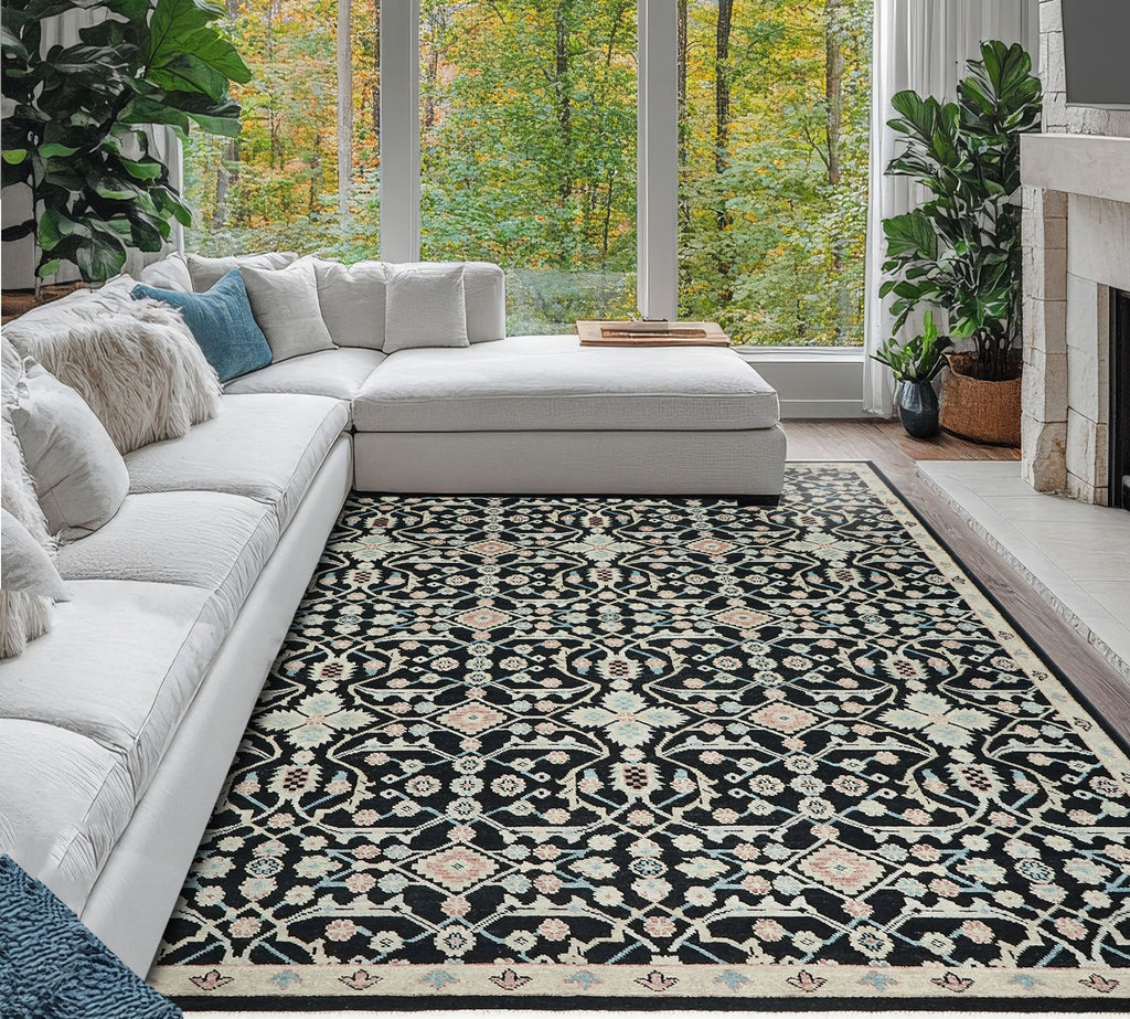 12x15 Black, Beige, Rose Color Hand Knotted Oushak Wool Transitional Oriental Rug