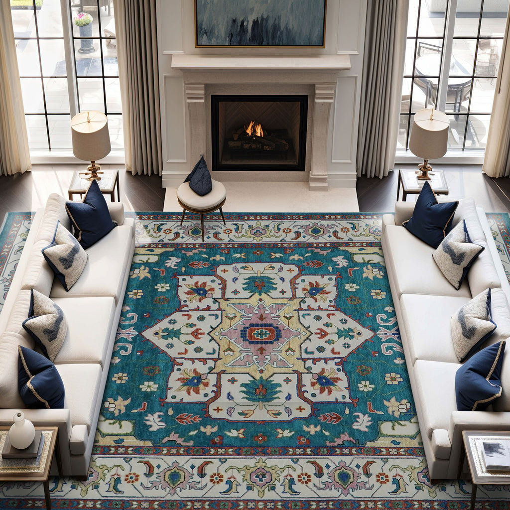 12x15 Teal, Ivory, Rust Color Hand Knotted Oushak Wool  Oriental Rug