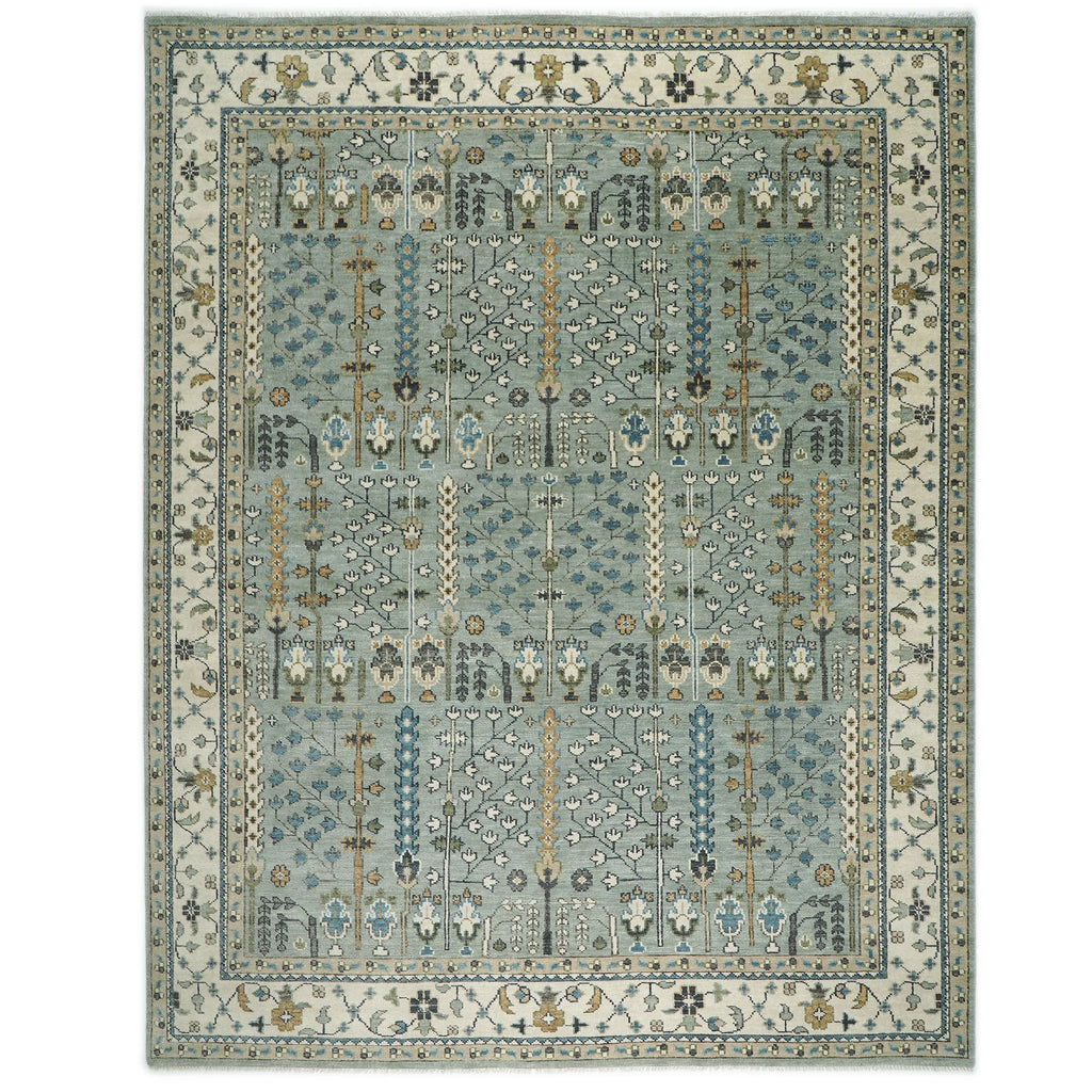 12x15 Celadon, Beige, Brown Color Hand Knotted Oushak Wool Transitional Oriental Rug