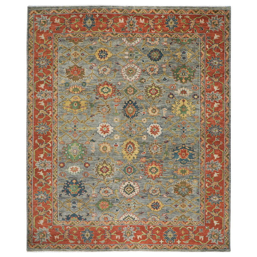 12x15 Blue, Gray, Burnt Orange Color Hand Knotted Oushak Wool Arts and Crafts Oriental Rug