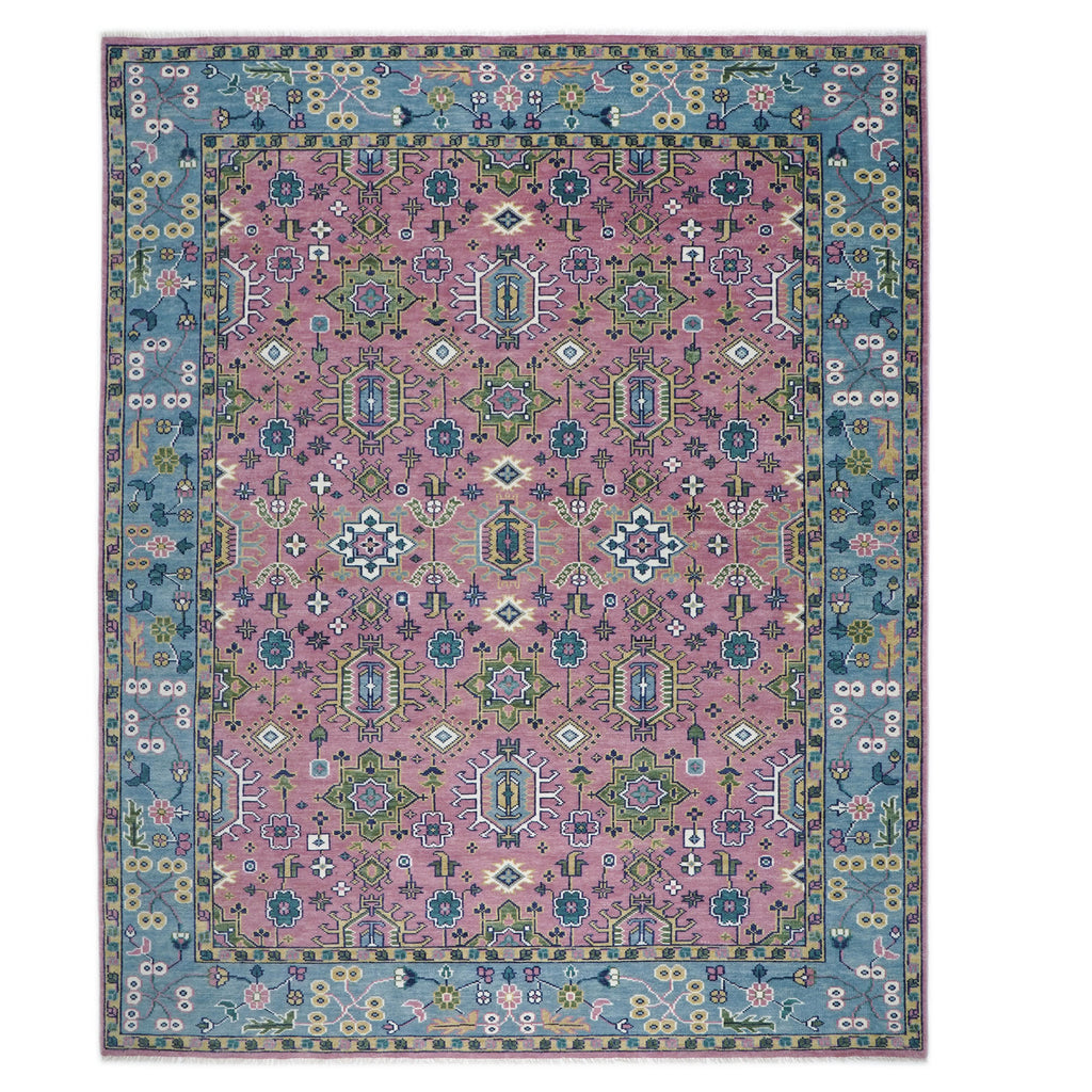 12x15 Pink, Blue, Lime Color Hand Knotted Oushak Wool Transitional Oriental Rug