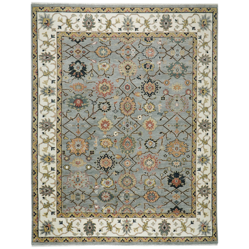 12x15 Slate, Ivory, peach Color Hand Knotted Oushak Wool Arts and Crafts Oriental Rug
