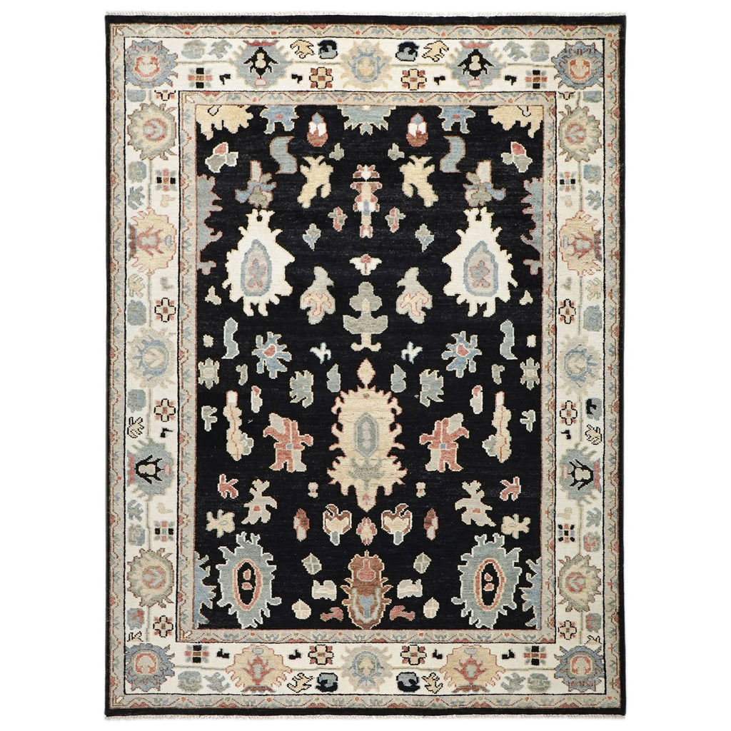 9x12 Black, Ivory, Rust Color Hand Knotted Oushak Wool Arts and Crafts Oriental Rug