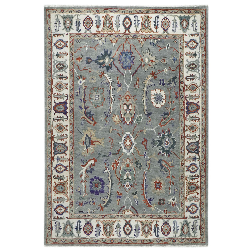 9x12 Slate, Ivory, Rust Color Hand Knotted Oushak Wool Transitional Oriental Rug