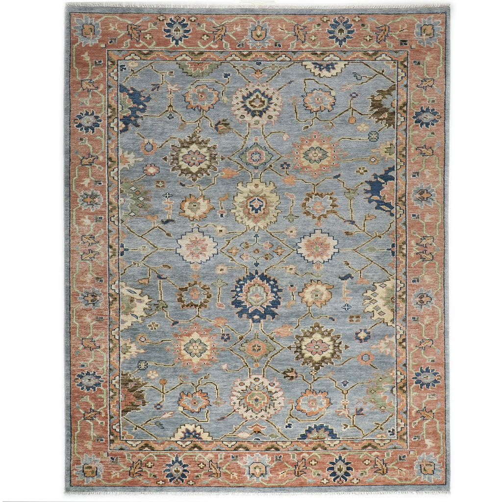 9x12 Slate, Blue, peach Color Hand Knotted Oushak Wool Arts and Crafts Oriental Rug