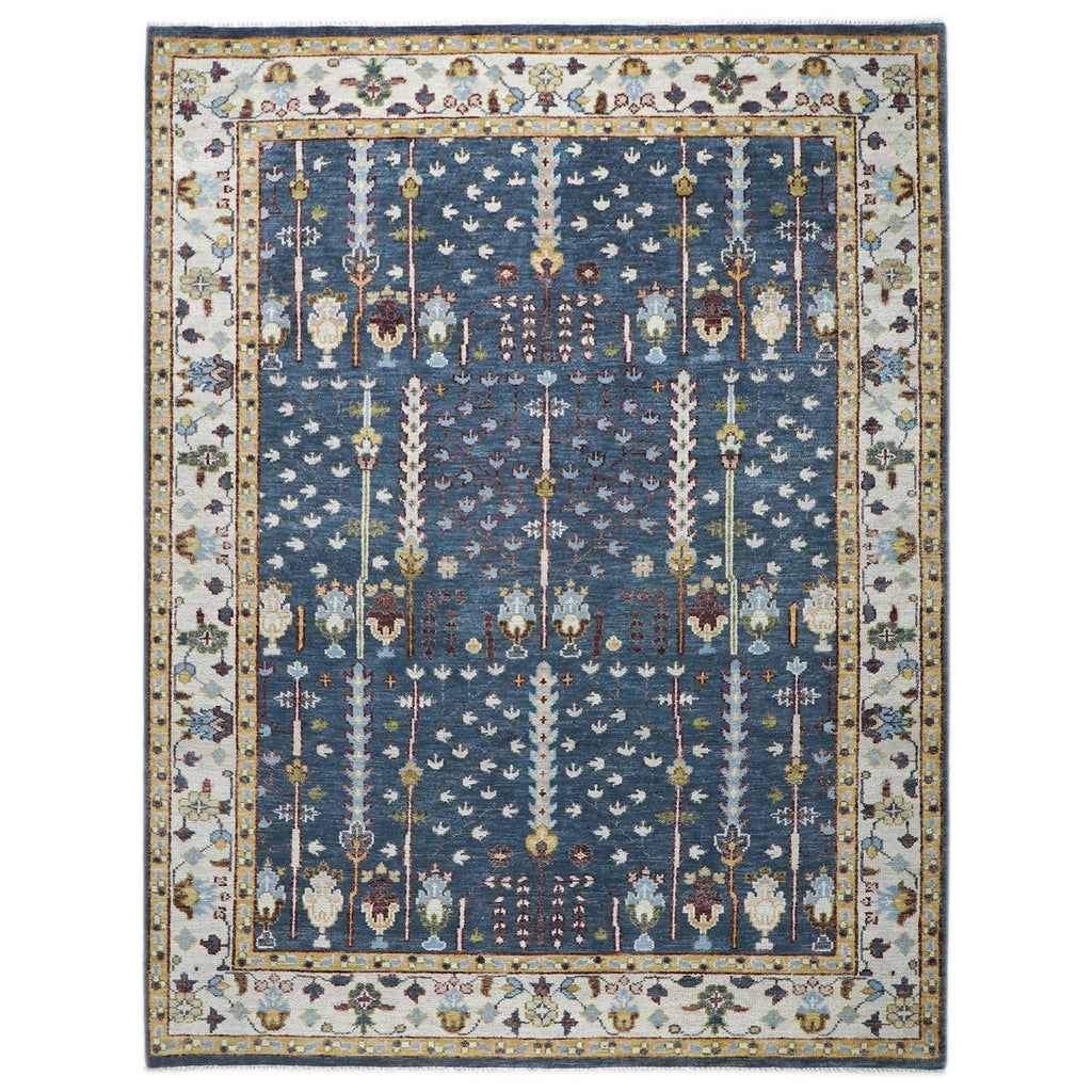 9x12 Blue, Ivory, Tan Color Hand Knotted Oushak Wool Transitional Oriental Rug
