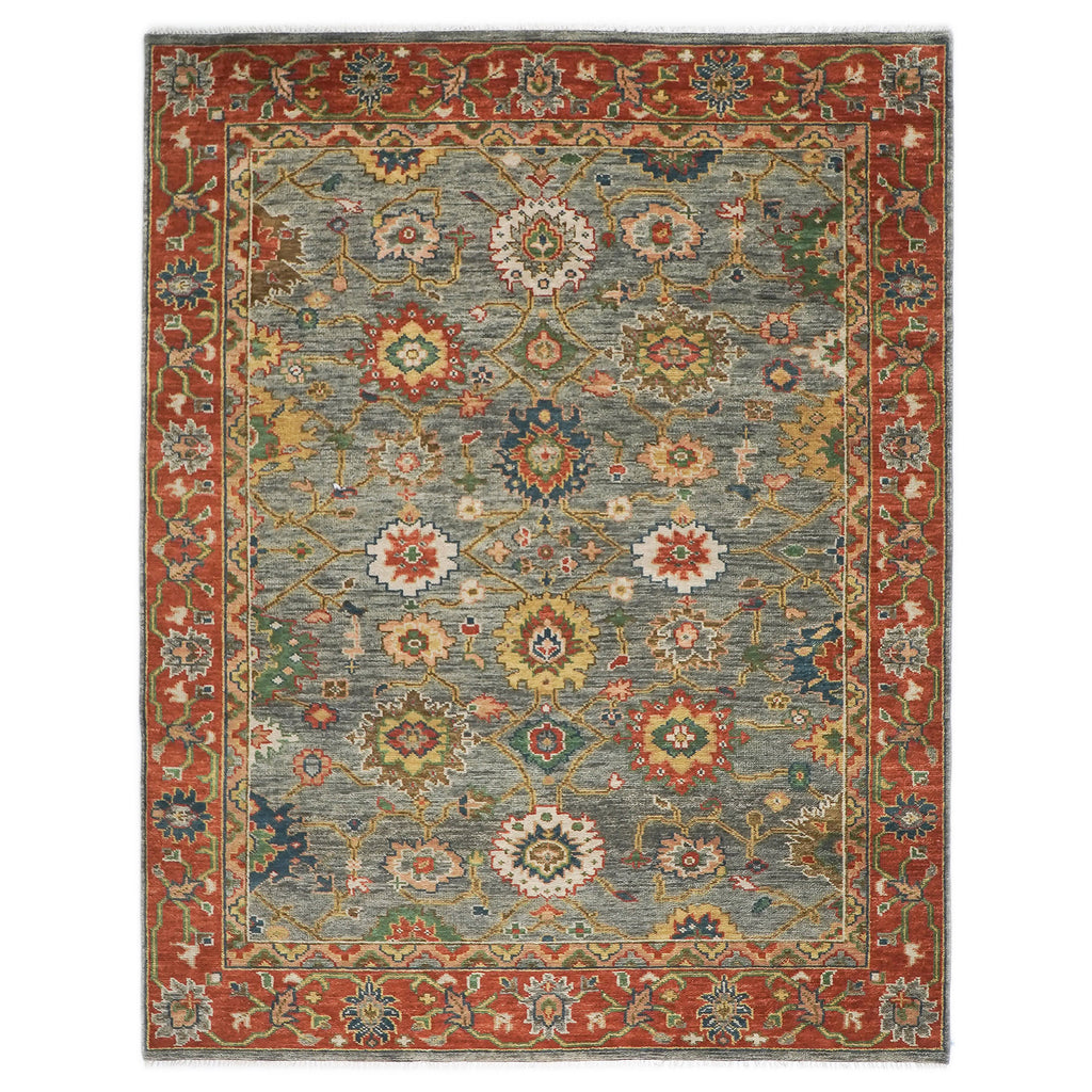 9x12 Blue, Gray, Burnt Orange Color Hand Knotted Oushak Wool Arts and Crafts Oriental Rug