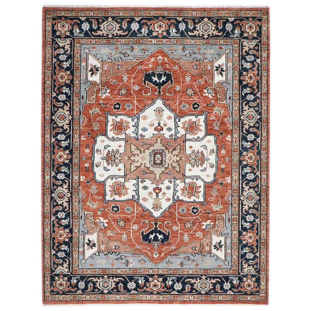 9x12 Burnt Orange, Blue, Ivory Color Hand Knotted Oushak Wool  Oriental Rug