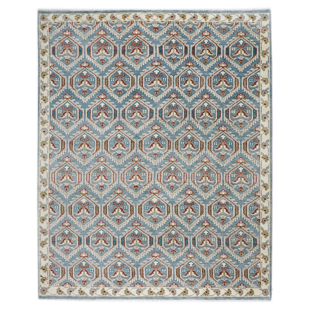 9x12 Blue, Beige, Rust Color Hand Knotted Oushak Wool Transitional Oriental Rug