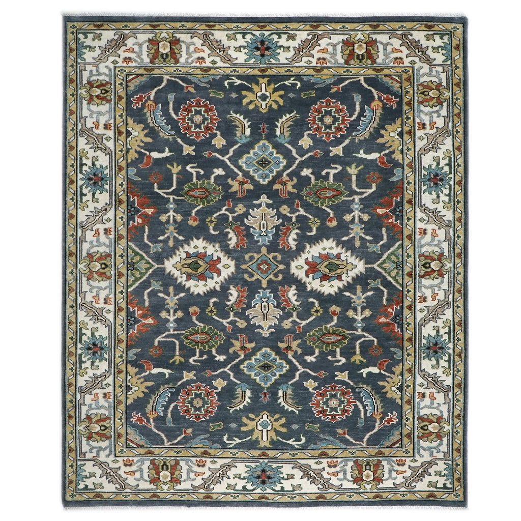 9x12 Blue, Ivory, Green Color Hand Knotted Oushak Wool Arts and Crafts Oriental Rug