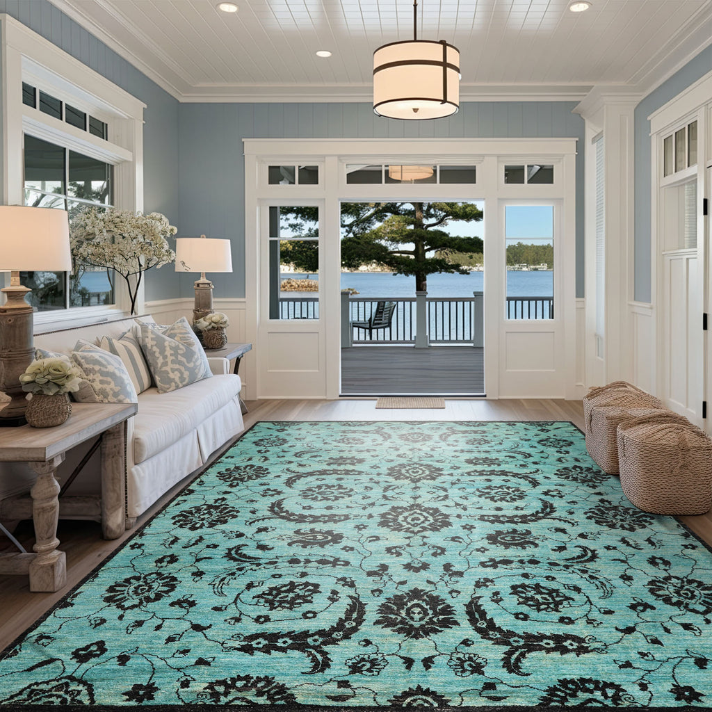 9x12 Turquoise, Dark Chocolate, Color Hand Knotted Oushak Wool Traditional Oriental Rug