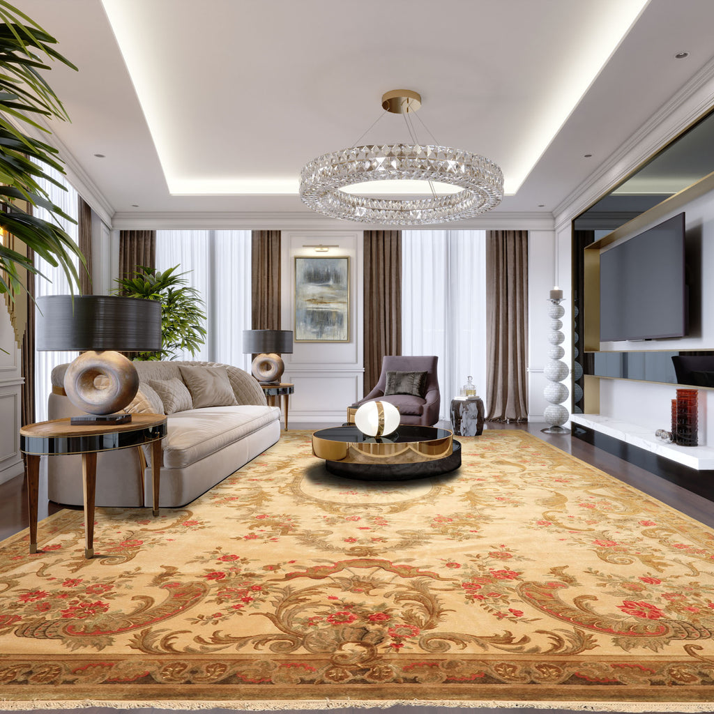 Palace Tan, Gold, Green Color Hand Knotted French Aubusson Savonnerie New Zealand Wool & Silk Traditional Oriental Rug