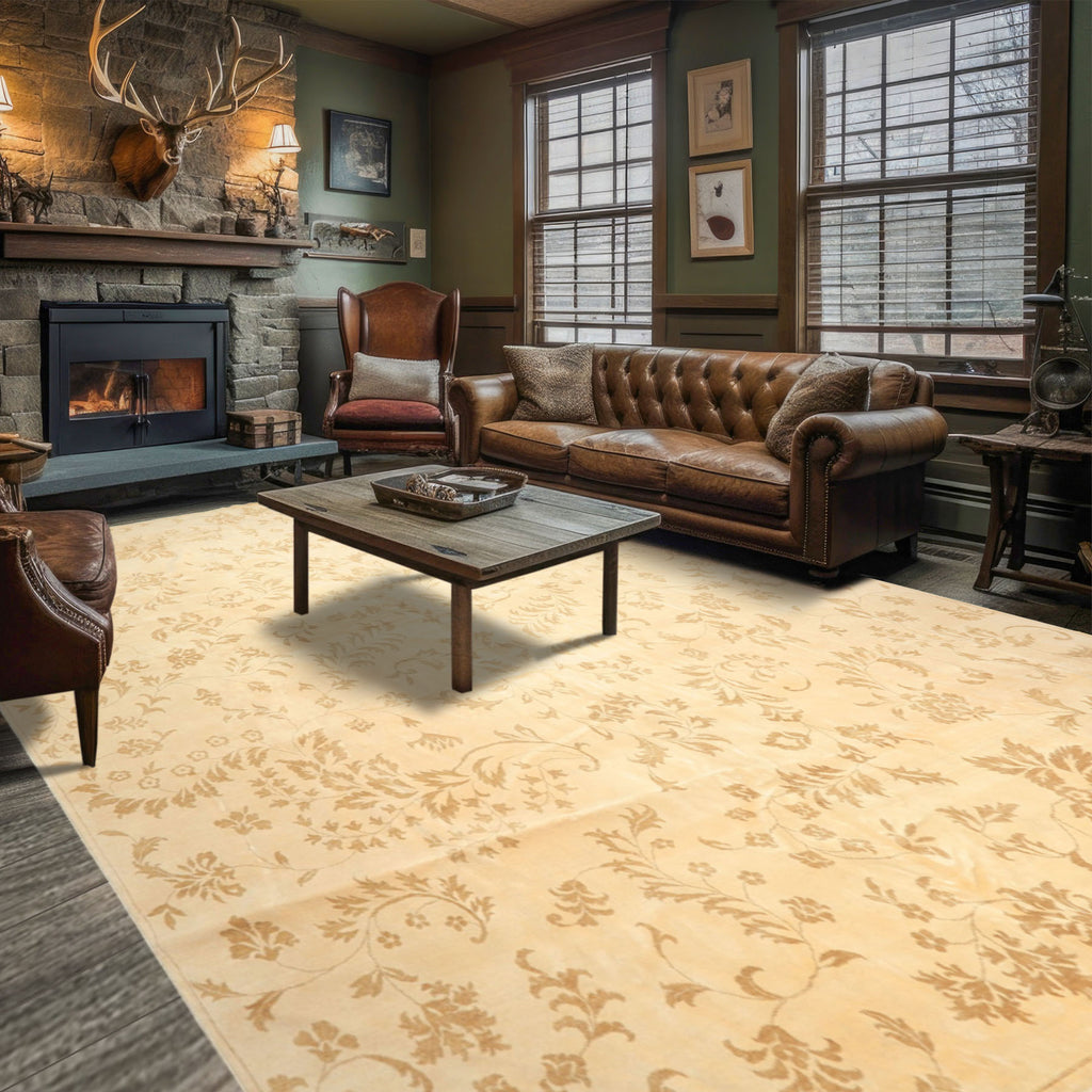 12x15 Ivory, Khaki, Color Hand Knotted Indo Tibetan Wool Transitional Oriental Rug