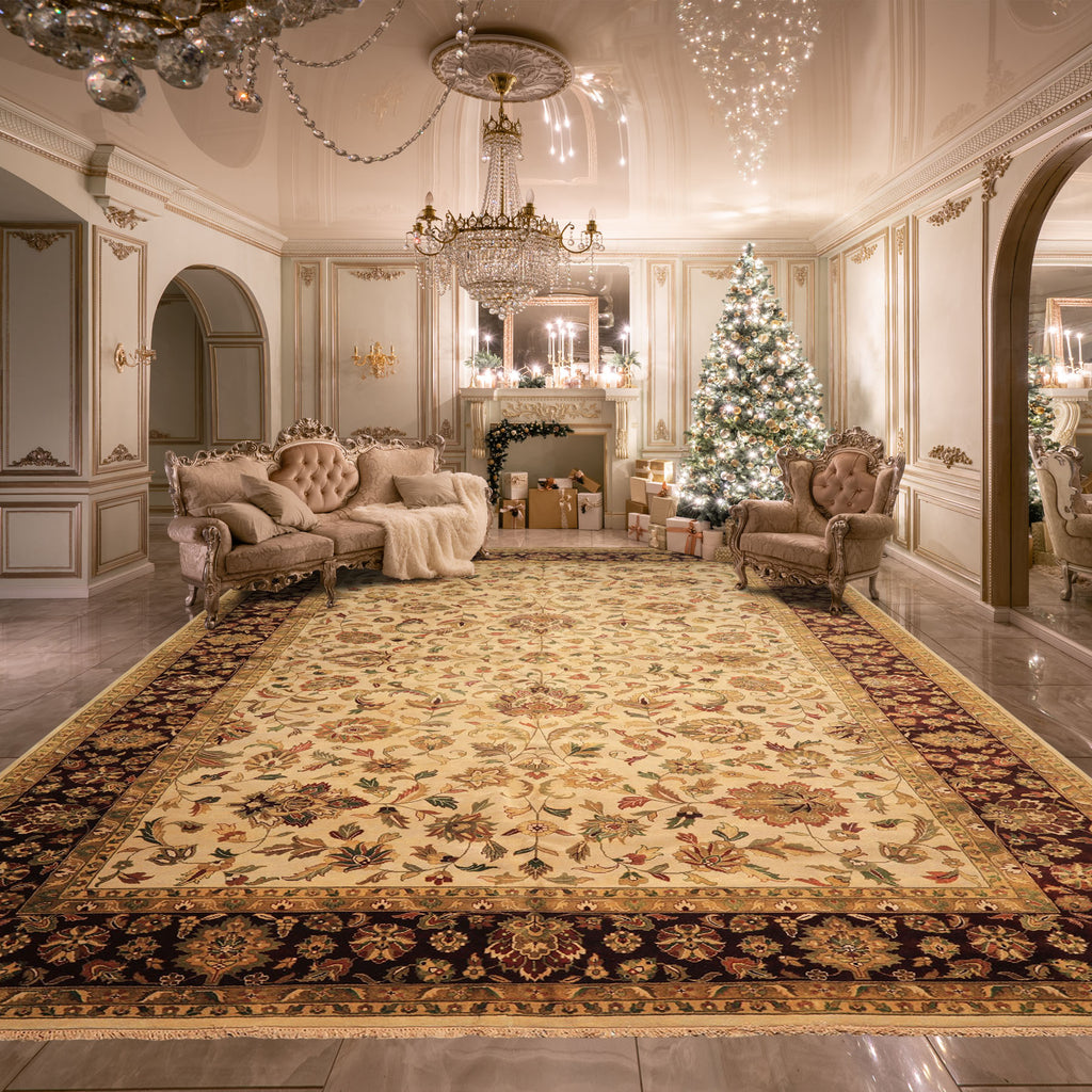 12x18 Beige, Maroon, Sage Color Hand Knotted Agra Wool Traditional Oriental Rug